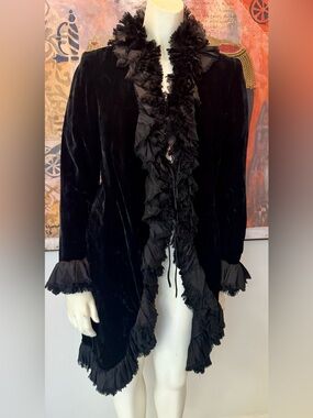 Goth GORGEOUS Black ALL silk Velvet & Taffeta Ruffle-Trim Open Front Jacket